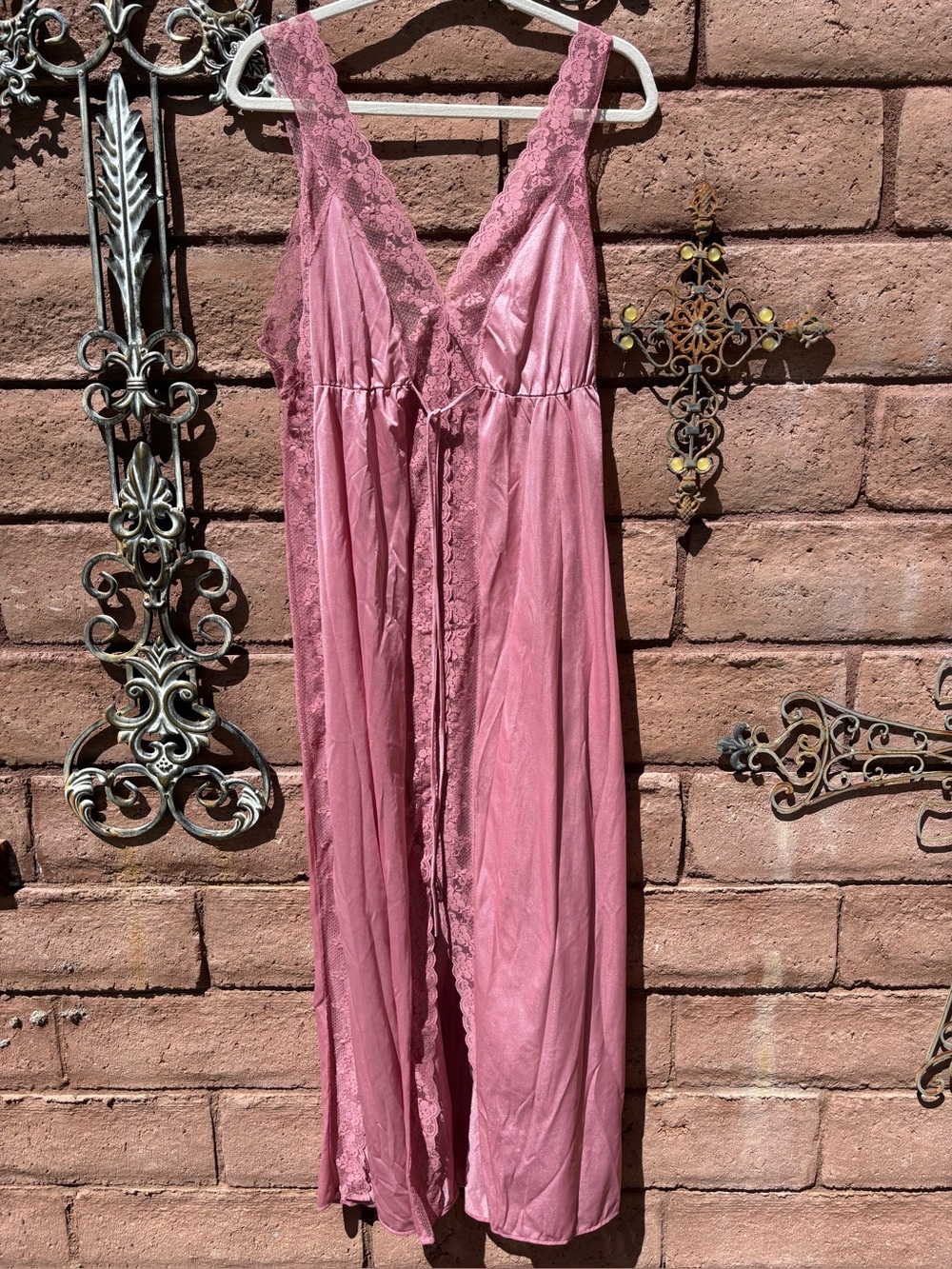 VTG JCPenney Pink Shimmery Lace Slip Dress Maxi XL Night Gown Sheer